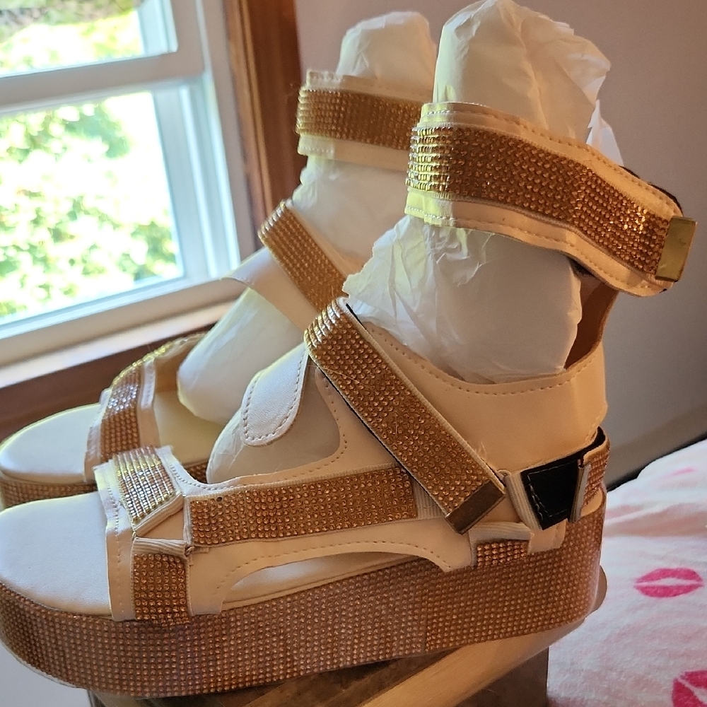 Gold and White Platform Sandals